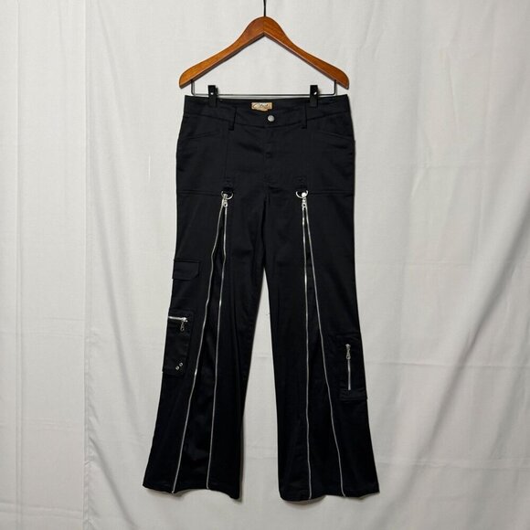 Clash Pants - Y2K Clash Black Mid Rise Cargo Silver Zipper Hardware Flare Leg Pants Size 10
